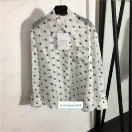 Womens Brand Flocked Print Lapel Long Sleeves Shirts Single Row Button Open Perspective Style Sunscreen Blouse Tops