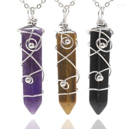 Pendant Necklaces Healing Point Natural Crystal Necklace Wire Wrapped Hexagonal Pendulum Reiki Chakra Quartz Stone Women Jewelry