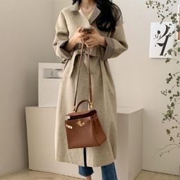 Women's Wool & Blends Women Elegant Long Coat 2023 Winter Korean Style Trench Lace Up Waist Casual Solid Colour Turndown Collar Overcoat