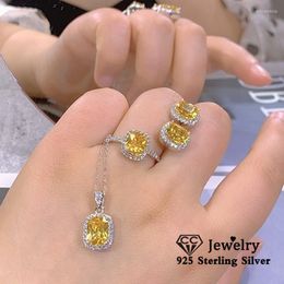 Cluster Rings Luxury Earring Pendant Ring Set For Women Yellow Cubic Zirconia 925 Fine Jewellery Accessories Drop 594Cluster