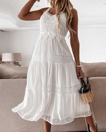 2023 Summer New Ladies Midi White Casual Lace Dress Spaghetti Strap Sleeveless Elegant Daily Office