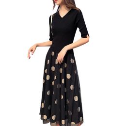 Dresses Women's Spring Summer Style Silk Dress Half Sleeve VNeck Polka Dot Knitted Elegant Prairie Chic Style Dress AA3167