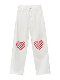 Jeans Yitimoky White Patch Designs Heart Jeans for Women High Waisted Boyfriend Pants Straight Wide Leg Vintage Streetwear Trousers