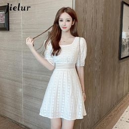 Dresses Jielur Summer Dress Short Sleeve Lace High Waist Solid Colour Elegant Vestidos White Dresses Loose Floral Slim Chic Women Dress