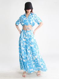 Work Dresses Floral Print Two Piece Sets Women Skirts Suits Short Sleeve Crop Tops Shirts A Line Single Breasted Skirt Summer Clothes