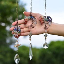 Natural stone Yoga Healing Spiritual Home Window Wall Hanging Pendant Decor Tree of Life Hang Chakra Stone Prism Natural Crystal