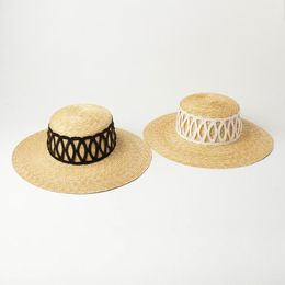 Wide Brim Hats Straw Hat Flat Top Summer Boater For Women Men Ribbon Lace Up Chin Strap Fashion Sun Ladies Ourdoor Cap