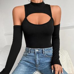 Women's T Shirts Women Off The Shoulder Tops Streetwear Sexy Bodysuits Long Sleeve Female O-Neck Hole Black Clothe Slim Fit Fashion Tees