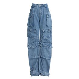 Street Fashionista Nieuwe Fashion Smoke Gray Splicing Multi Pocket Cargo Pants Street Wash Old Long Wide been broek