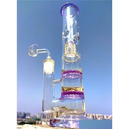 Herb Grinder Purple Tube Bong Double Honeycomb Percs One Matrix Glass Recycler Dab Rig Smoking Hookah With Ice Holder 14Mm Joint Ban Dhj29