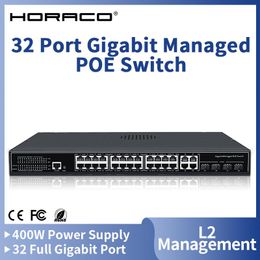 Control HORACO 32 Port Gigabit PoE Managed Switch 1000M L2 Management Network Smart Switcher Hub Internet Splitter 400W 1U Rackmount