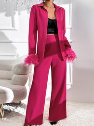 Women's Two Piece Pants Suit Feather Cuff Shirt Casual High Waist Wide Legs Female Suits 2023 Spring Rose Red Long Sleeve Office Lady Set