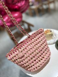 23p 21ss Straw Totes Bag Designer Summer Beach Bags Fashion Weaving Tote Purse Weave Shoulder Large Capacity Chain Shopping Bag Black Beige Pink 2023