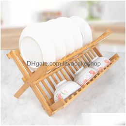 Kitchen Storage Organization 16 Lattices Natural Bamboo Rack Drying Plate Drainer Dish Desktop Shelf Pot Lid Holder Drop Delivery Dhcku