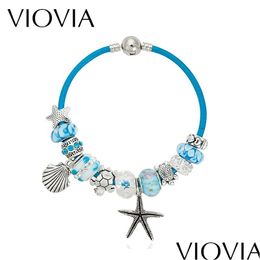 Charm Bracelets Wholesale Viovia Summer Style Blue Leather Bangles Sea Turtle Star Shell Murano Glass Beads Bracelet For Women Drop Dh0Mn