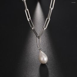 Chains Teamer Pearl Water Drop Beads Pendant Necklace For Women Stainless Steel Necklaces Paper Clip Square Neck Chain Choker Jewellery
