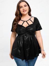 Women's T Shirts ROSEGAL Plus Size Ruched Cutout Metal Tees Black Fashion Short Sleeves Tunic Tops For Women Streetwear T-shirts Arrived 4XL