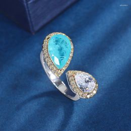 Cluster Rings 925 Silver Colour Double Stone Paraiba Tourmaline Zirconia Open Delicate Water Drop Finger Party Jewellery Gift