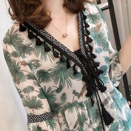 Women's Blouses Vintage Printed Spliced Tassel Floral Flare Sleeve Blouse Women's Clothing 2023 Summer Oversized Casual Tops Commuter