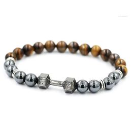 Beaded Strand Bppccr Iron Gall Stone Tiger Eye Antique Gold Colour Barbell Jewellery Male Female Fit Life Dumbbell Beads Bracelets Pser Dhqmg