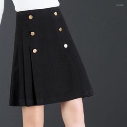 Skirts Fall Spring Women High Waisted Pleated Double Breasted Buttons Black Skirt Woman Preppy Style Clearance Sale