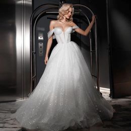 Stunning Off The Shoulder Glitter Wedding Dresses For Bride V-neck Tulle A Line Bridal Gown Custom Made Summer Garden Robe de mariee