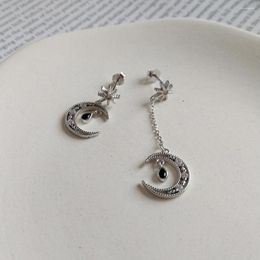 Dangle Earrings Women Star Moon Charm Black Agate Waterdrop For Girl Jewelry Retro Asymmetrical Drop Earring In S925