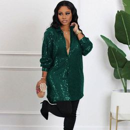 Casual Dresses Sexy Glitter Sequins Party Women Clothing Turn-down Collar Button Up Long Sleeve Shirt Dress Club Night Birthday