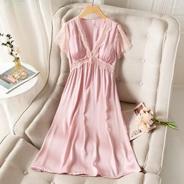 Women's Sleepwear Lace Women Satin Nightgown 2023 Summer Nightdress Home Dressing Gown Sexy Casual Lounge Wear Intimate Lingerie