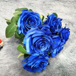 Decorative Flowers 1 Bunch 10Heads Silk Rose Artificial Bouquet Wedding Home Party Decor For Decoration Blue