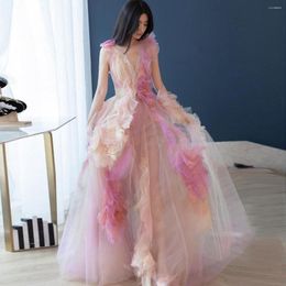 Party Dresses Colourful Prom See- Through V-Neck Layered Ruffle Tulle Flowers Ball Gown Pageant Gowns Glamorous Brithday Dress