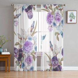 Curtain Rose Flower Purple Iris Window Tulle Curtains For Living Room Bedroom El Luxury Decoration Sheer