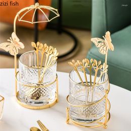 Storage Bottles Glass Jar Fruit Fork Metal Frame Golden Butterfly Table Organisation Container Kitchen