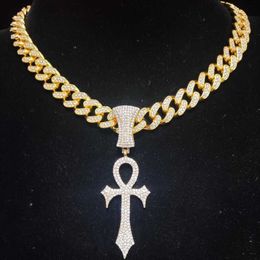 Men Women Hip Hop Ankh Cross Sword Pendant Necklace with 13mm Cuban Chain Hiphop Iced Out Bling Necklaces Fashion Jewellery Gifts