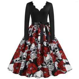 Casual Dresses Gothic Dress Women Skull Flower Print Graphic A Line Autumn Long Sleeve Sexy V Neck Party Vintage Swing Halloween