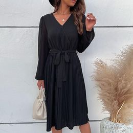 Casual Dresses Women's Long Sleeve Pleated Dress With Belt Spring Summer Black Elegant Mini For Ladies Female Office Party Clothing