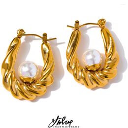 Hoop Earrings Yhpup Vintage Twist Metal Texture Geometric Stainless Steel Gold Colour Shell Pearl Huggie Charm Fashion Jewellery