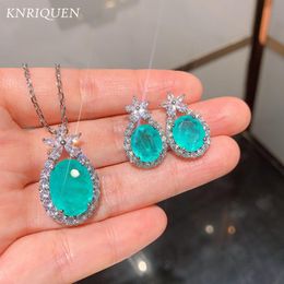 Sets Blue Stone Aquamarine Paraiba Tourmaline Lab Diamonds Pendant Necklace Stud Earrings Wedding Party Women's Fine Jewellery Set Gift