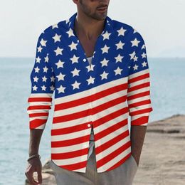 Men's Casual Shirts American Flag Print Street Shirt Men Stars And Stripes 4th Of July Autumn Trending Blouses Long Sleeve Oversize Top