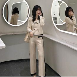 Women's Two Piece Pants Women Aautumn Knitted Turn Down Collar Short Sleeve Double-breasted Cardigan Tops Wide Leg 2 Pieces Clothing Set