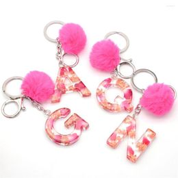 Keychains Fashion Dried Flower Letter Resin Keychain Transparent English Alphabet Keyring With Red Pom Handbag Charms Accessories Gift