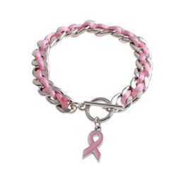 Charm Bracelets Wholesale Gift For Woman Pink Satin Rope Bracelet 1.0Cm X 2.1Cm Pendant Ribbon Breast Cancer Jewellery Accessories Dro Dhpk9