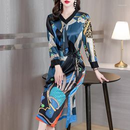 Casual Dresses 2023 Silk Satin Long-Sleeved Dress Spring High-End Luxury Shirt Skirt Retro Print Temperament