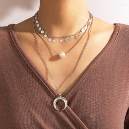 Pendant Necklaces Vintage Silver Colour Moon Bull Head Multi Layer Necklace For Women Pearl Geometric Sequins Tassel Choker Jewellery