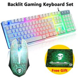 Combos Rainbow Backlight USB 2400DPI LED Gaming Spanish Wireless Keyboard and Mouse Pad Combo Backlit Wired Gamer Key Board Kit Mice