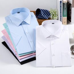 Men's Dress Shirts Large Size Men's Short Sleeve 2023 Summer Solid Colour Business Cotton White Blue Grey Pink Plus 44#