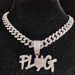 Men Women Hip Hop PLUG Letter Pendant Necklace with 13mm Crystal Cuban Chain HipHop Iced Out Bling Necklaces Fashion Jewellery