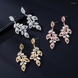 Dangle Earrings SLBRIDAL Prong Setting Cubic Zirconia Leaf Wedding Drop Earring Pin Bridal Bridesmaids Women Jewelry