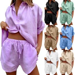 Women's Tracksuits Women Casual 2 Piece Tracksuit Loose Button Blouse Shirt Top High Wasit Elastic Shorts Set Loungewear Fashion