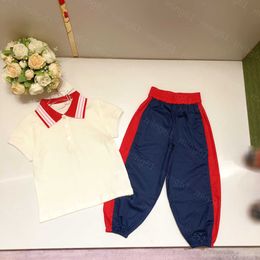 23ss kids designer clothes kids set Letter striped lapel Short sleeve polo shirt splicing elastic waist Embroidery pocket pants suit baby clothes